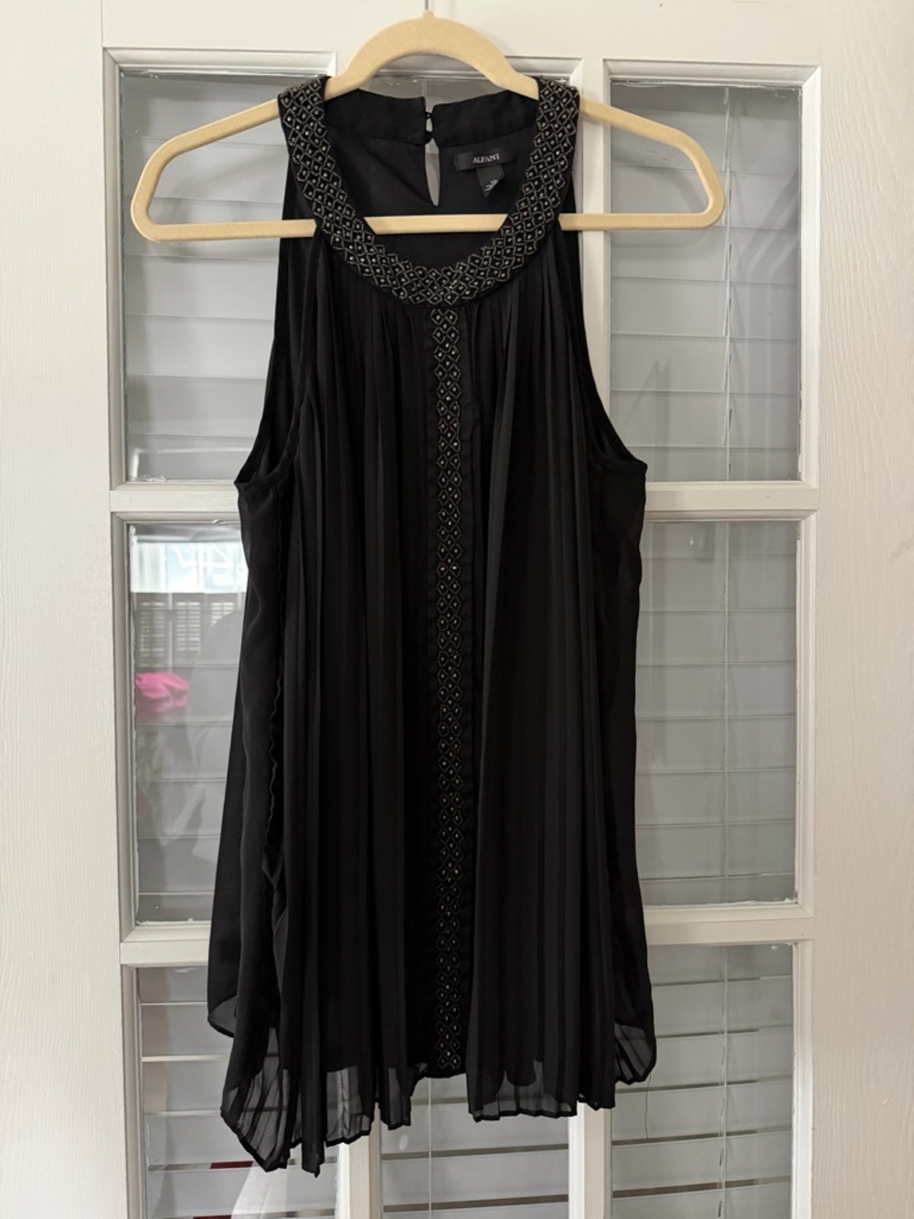 ALFANI Women’s 14 Black Beaded Neck Halter Pleated Swing Blouse | SKU 0004